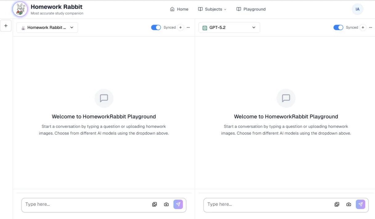 Homework Rabbit Playground showing two AI models answering the same question side by side