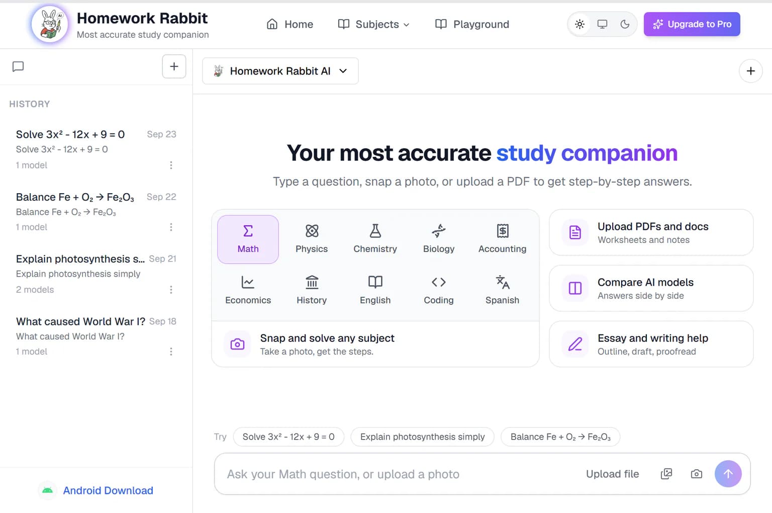 Homework Rabbit Playground start screen with a subject picker, photo and PDF upload, and AI model comparison