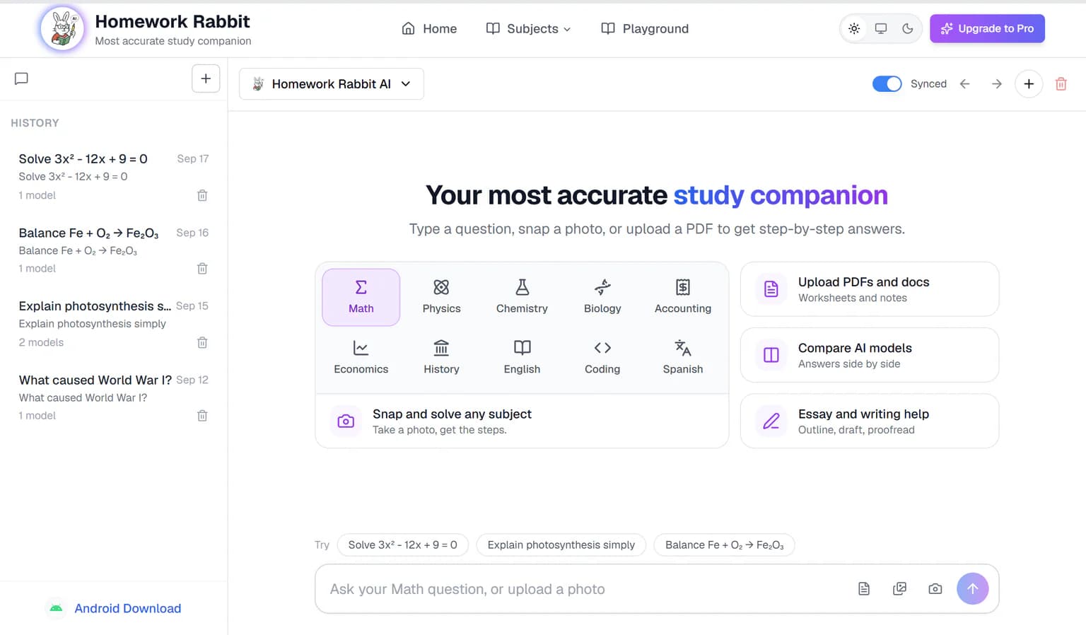 Homework Rabbit Playground start screen with a subject picker, photo and PDF upload, and AI model comparison